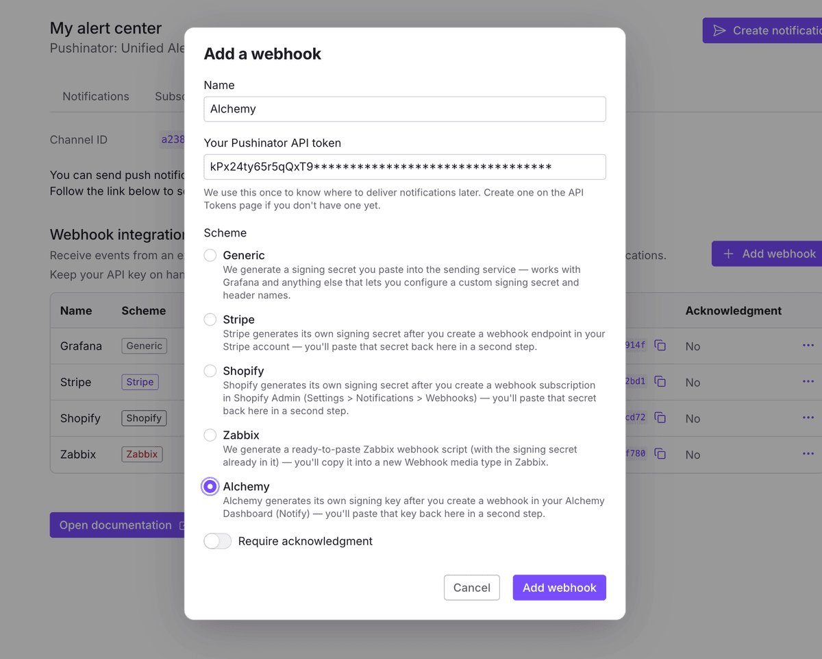 Pushinator add webhook dialog with the Alchemy scheme selected