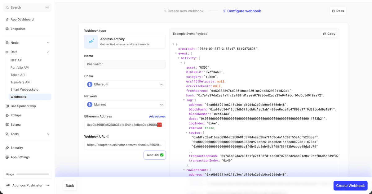 Alchemy Dashboard create webhook screen with the Pushinator webhook URL