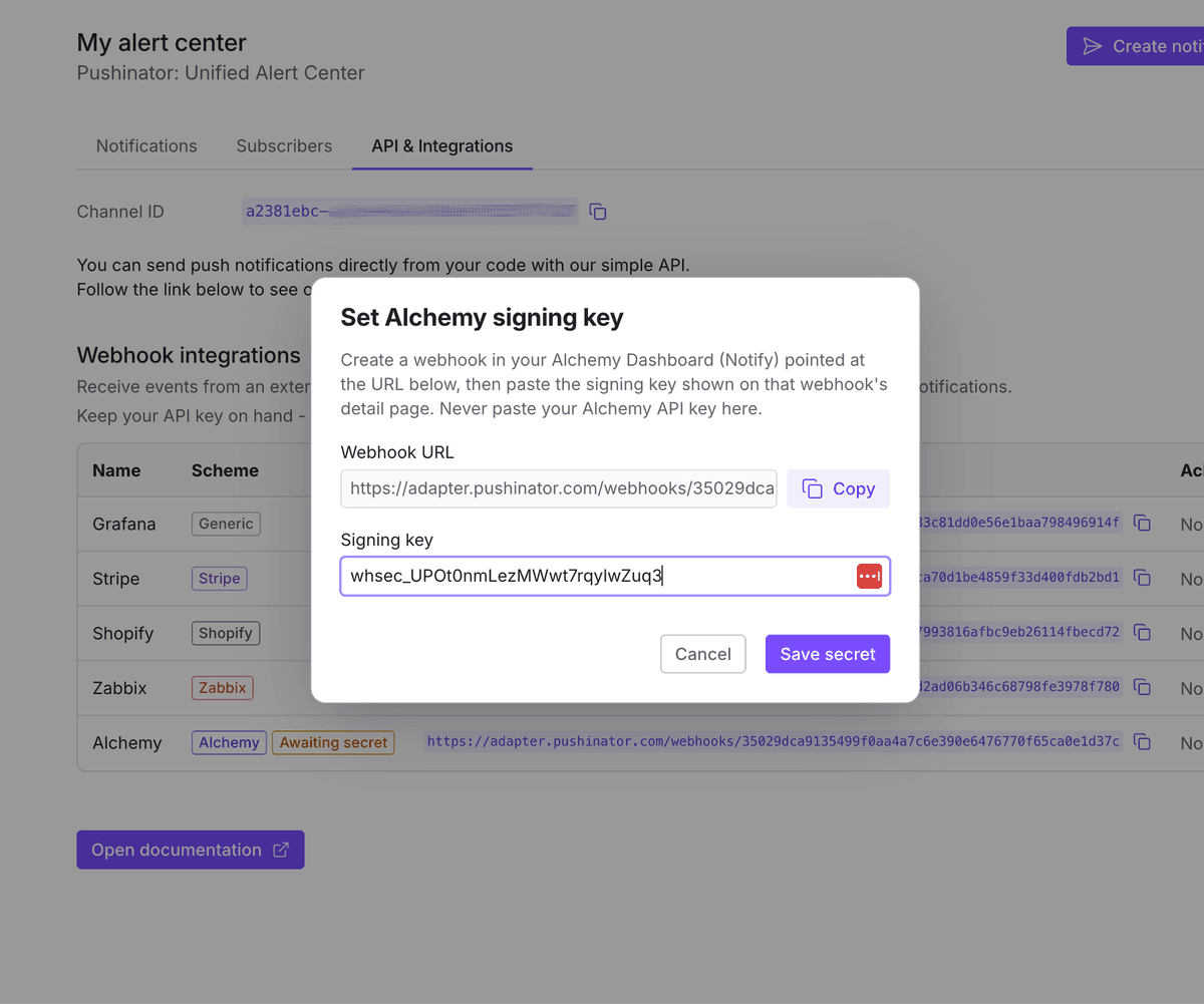 Pushinator set Alchemy signing key dialog