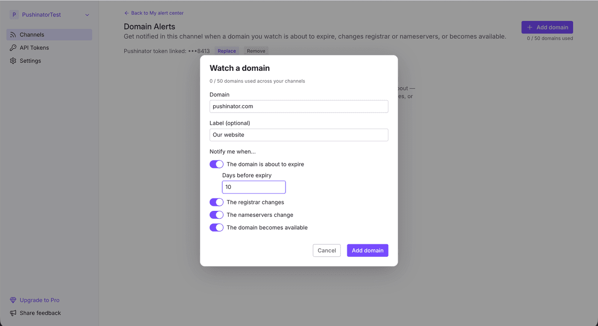 Pushinator add domain form with expiration, registrar change, nameserver change, and availability conditions