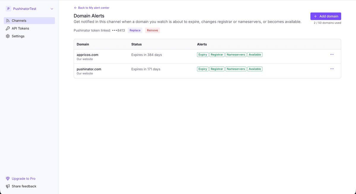 Pushinator page listing tracked domains with their status and conditions