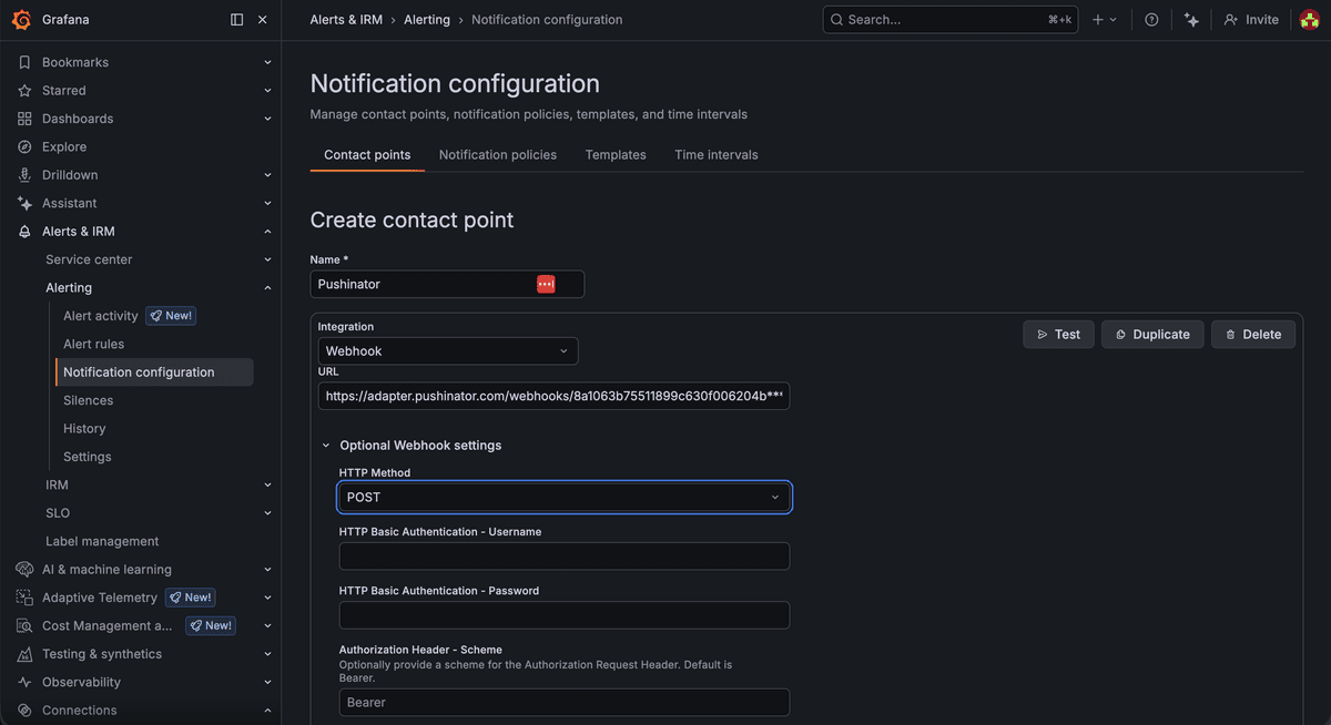 Grafana contact point HMAC signature settings with secret and header names