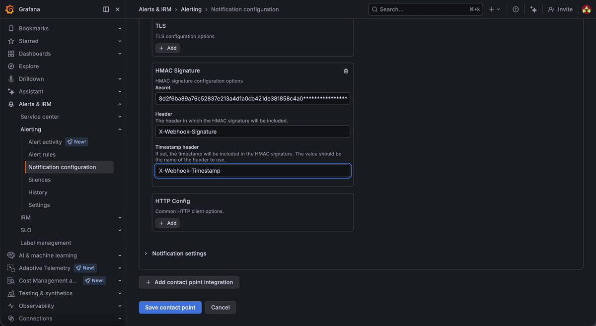 Grafana new contact point form with the Webhook integration type and Pushinator URL