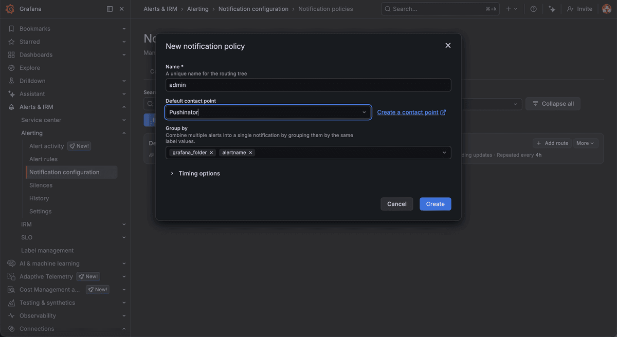 Grafana notification policy routing alerts to the Pushinator contact point