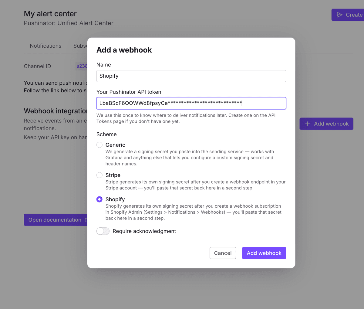 Pushinator add webhook dialog with the Shopify scheme selected