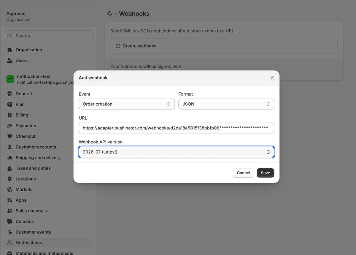Shopify Admin create webhook screen with the Pushinator webhook URL