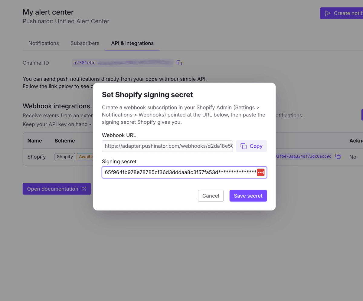 Pushinator set Shopify signing secret dialog