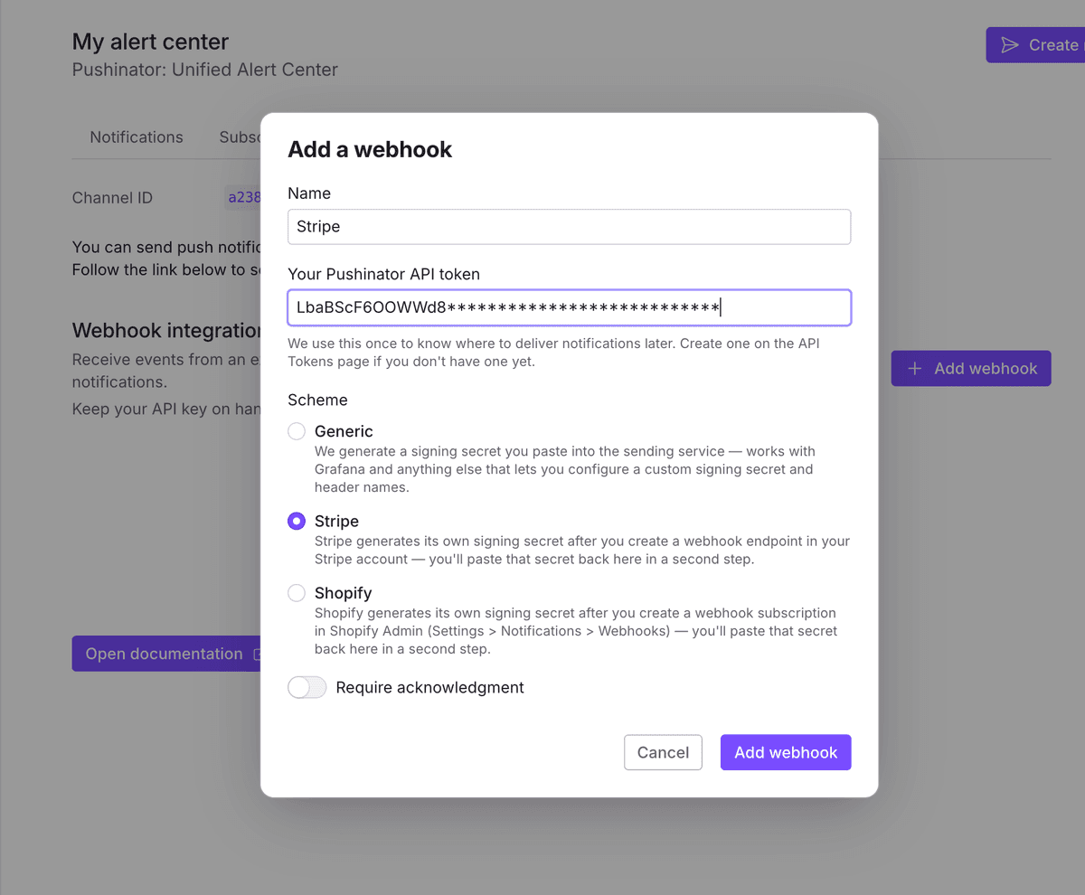 Pushinator add webhook dialog with the Stripe scheme selected