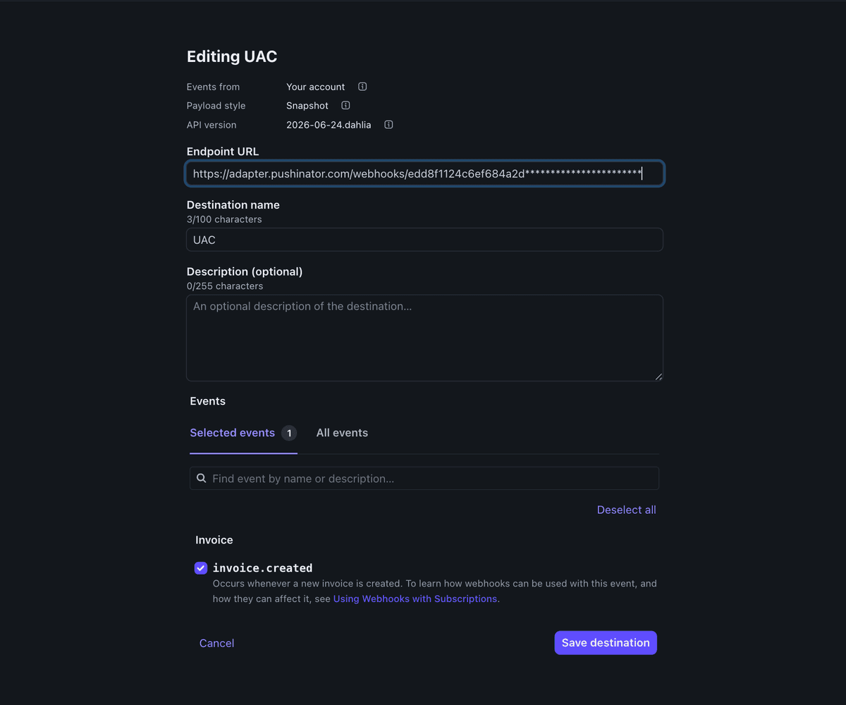 Stripe dashboard add endpoint screen with the Pushinator webhook URL