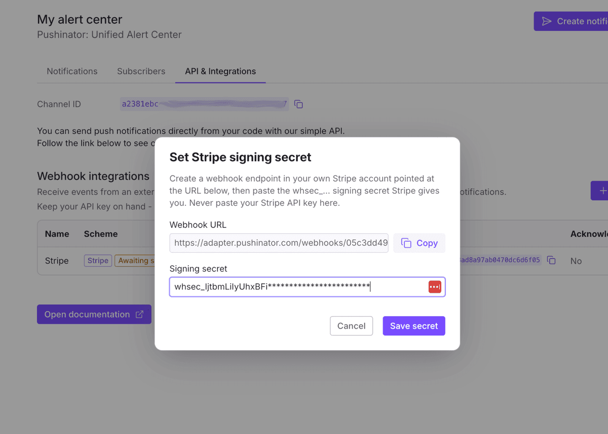 Pushinator set Stripe signing secret dialog
