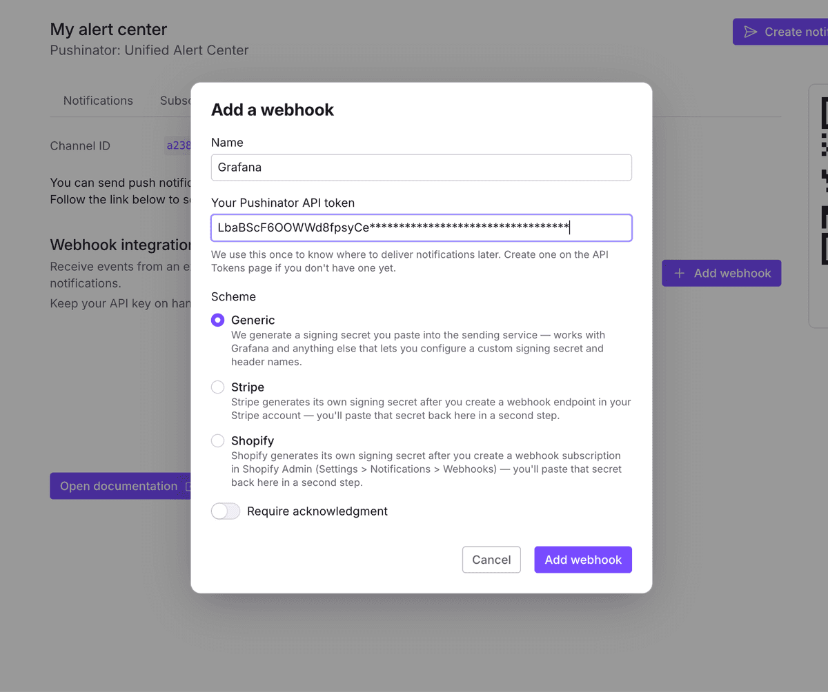 Pushinator add webhook dialog with the Generic scheme selected