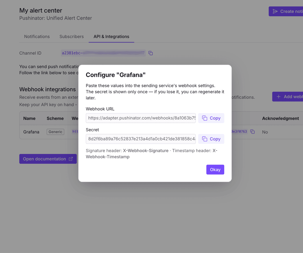 Pushinator webhook URL and signing secret dialog