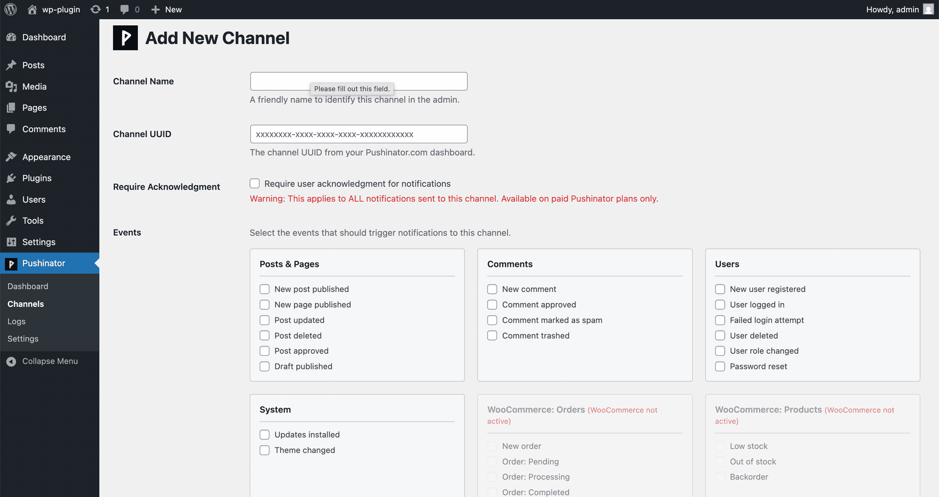 Pushinator add channel