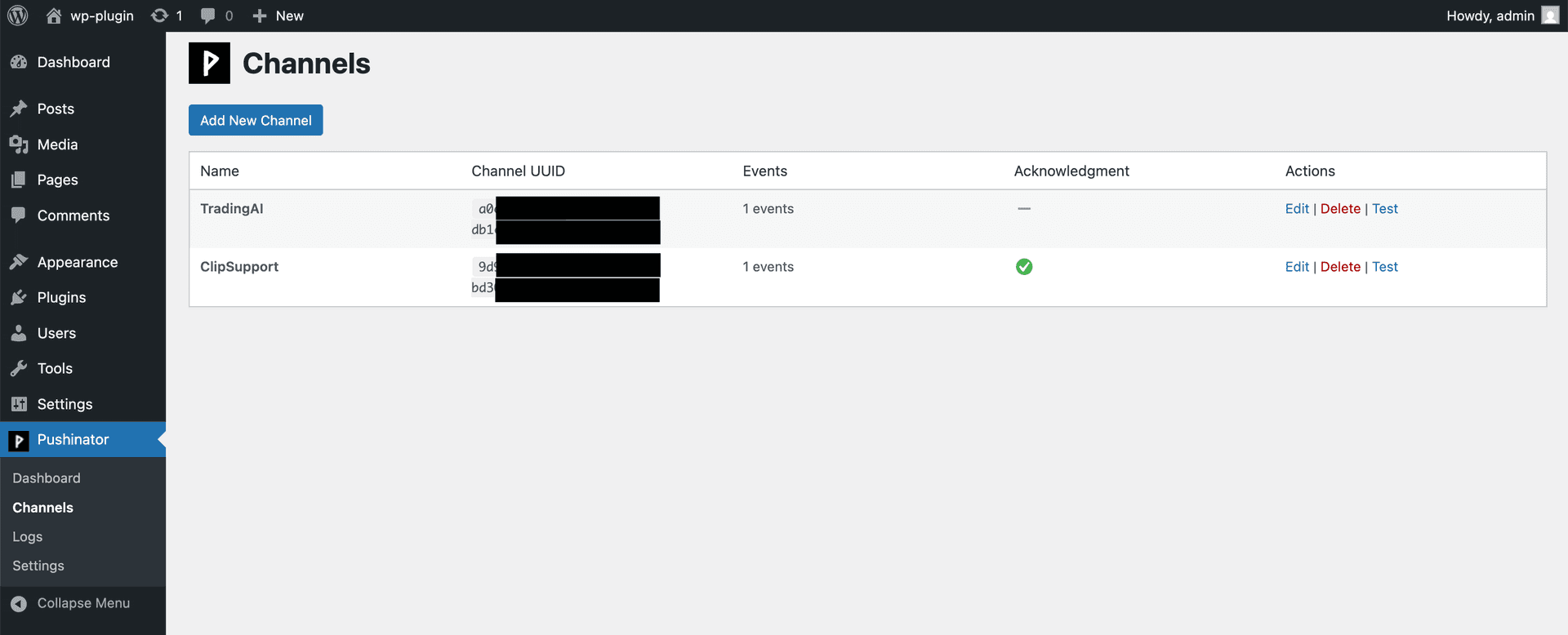 Pushinator WordPress channels