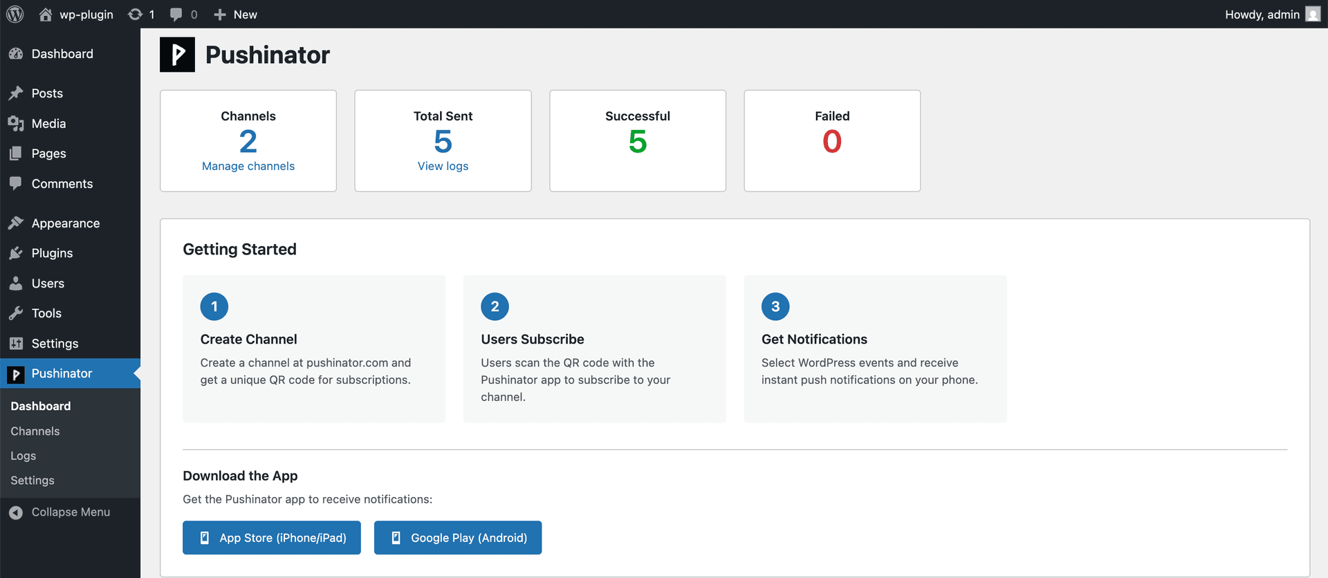 Pushinator WordPress dashboard