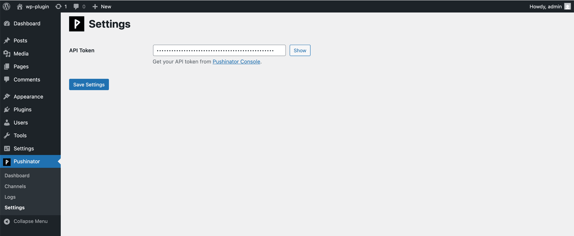 Pushinator WordPress settings