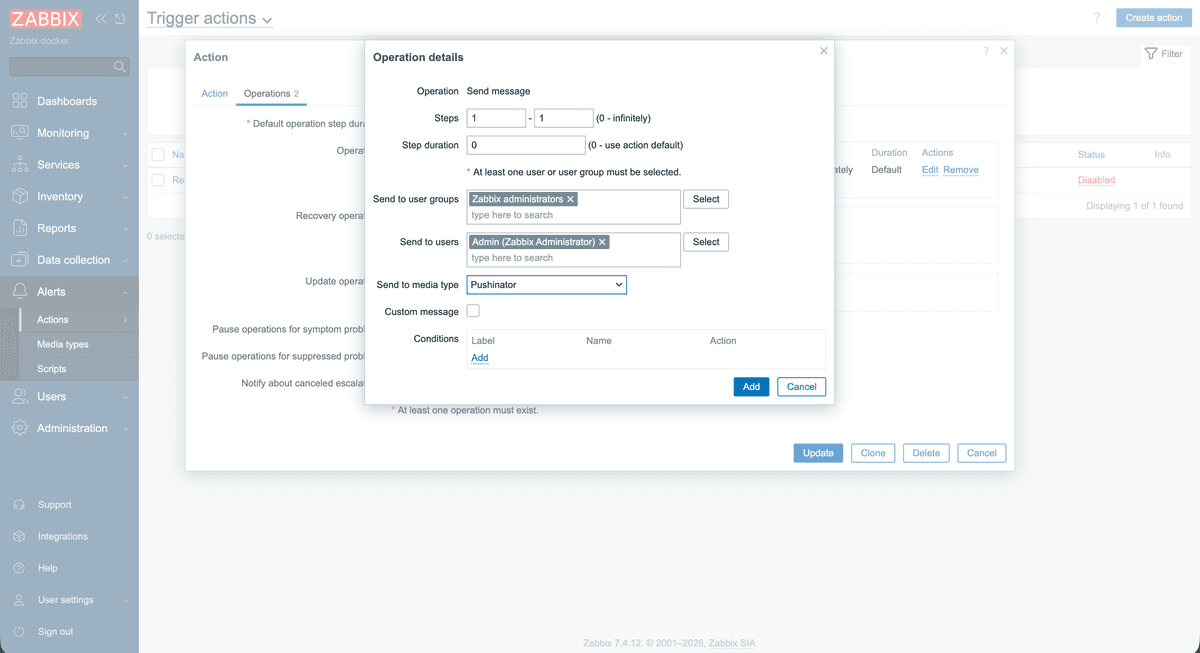 Zabbix trigger action operations sending to the Pushinator media type