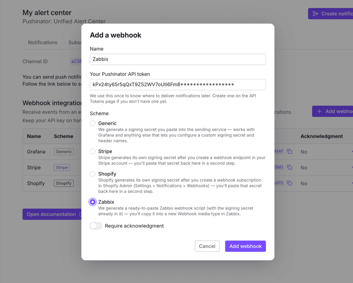 Pushinator add webhook dialog with the Zabbix scheme selected