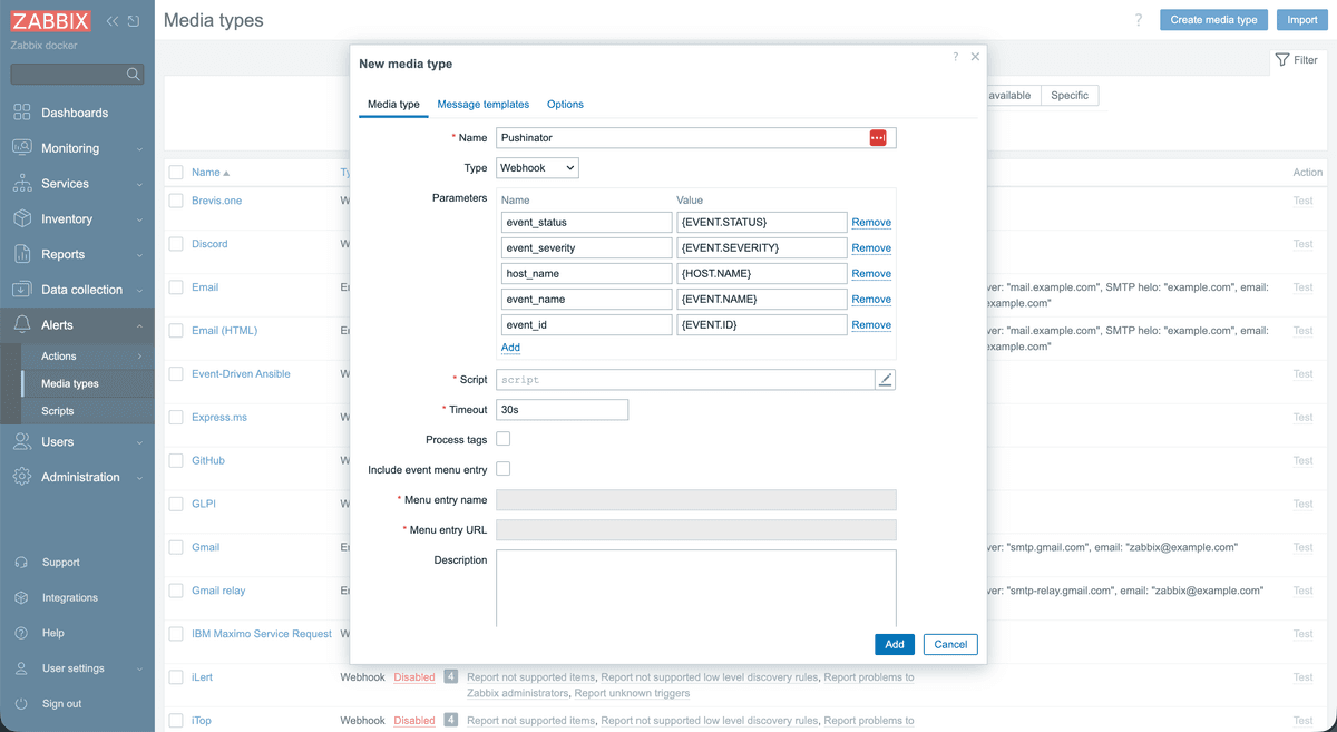 Zabbix media type Parameters tab with the Pushinator macro values