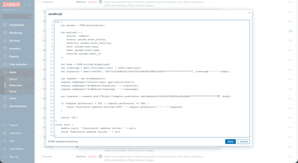 Zabbix media type Script tab with the Pushinator webhook script