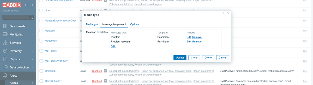 Zabbix media type Message templates tab with Problem and Problem recovery templates added