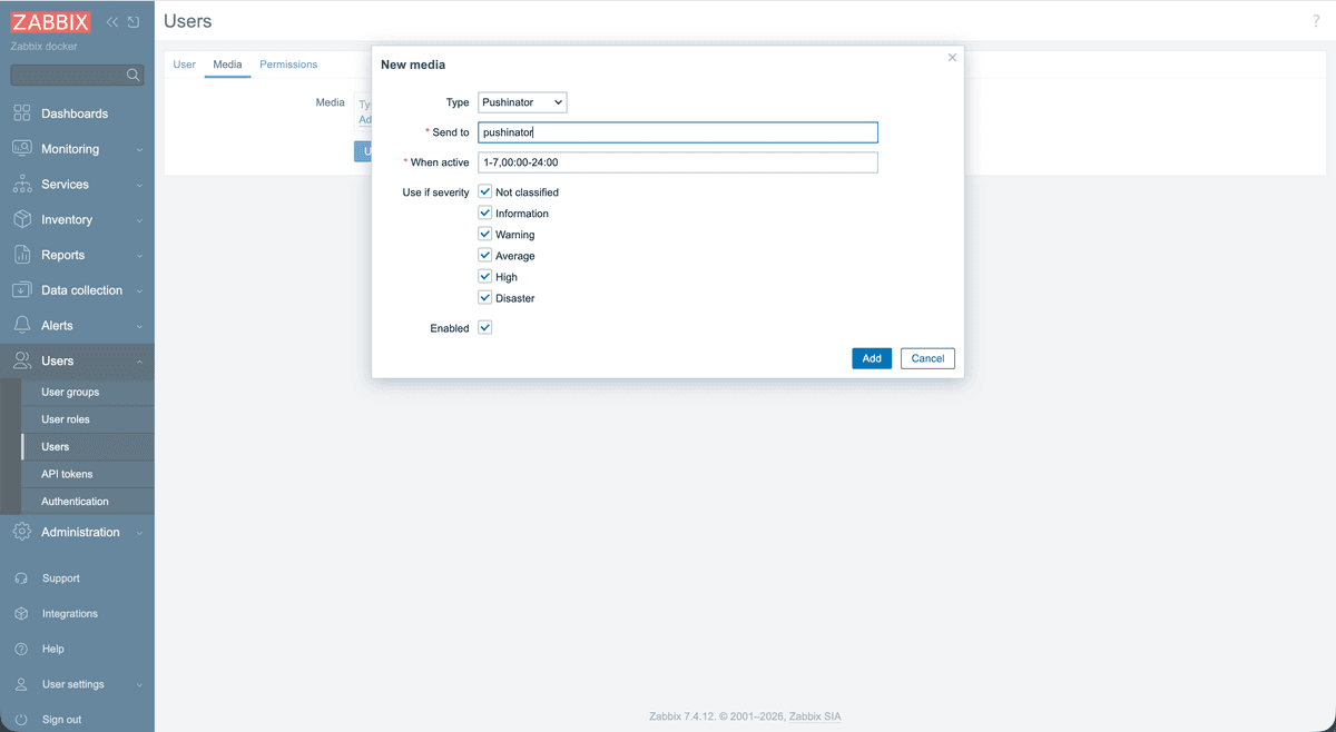 Zabbix user Media tab with the Pushinator media type added