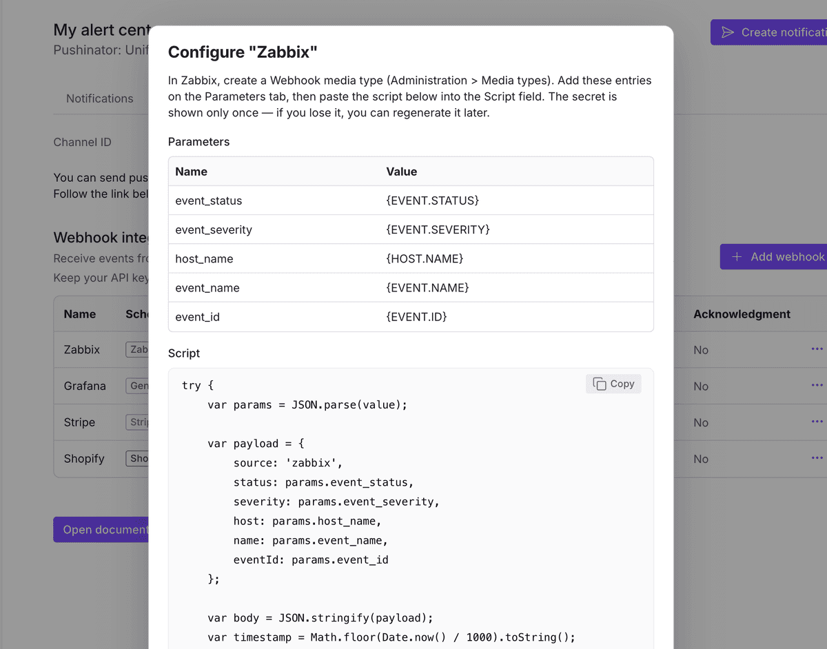 Pushinator Zabbix webhook script and parameters dialog